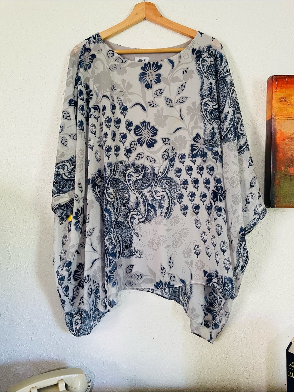 Monroe & Main Gray and Navy Floral Paisley Chiffon Poncho Top
